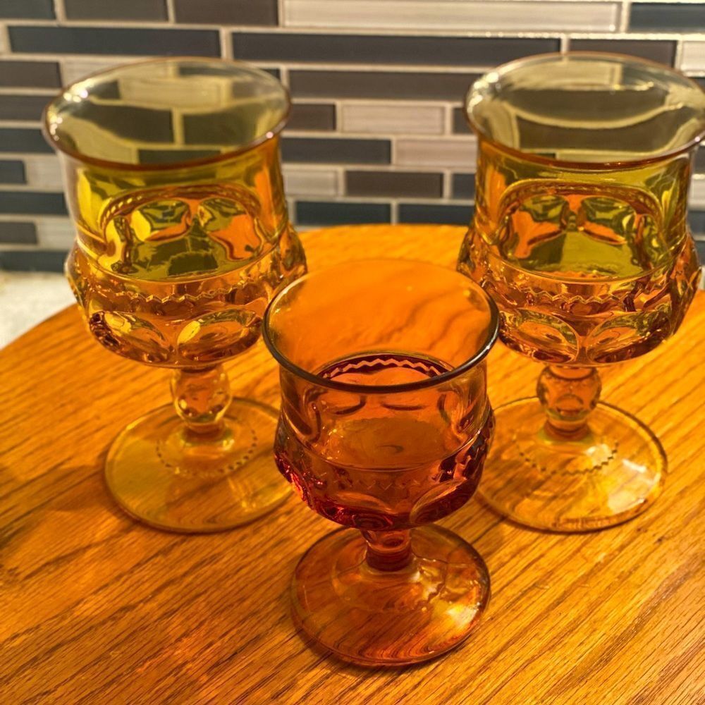 Set of 3 Vintage Amber Kings Crown Thumbprint Goblets Glasses water wine juice